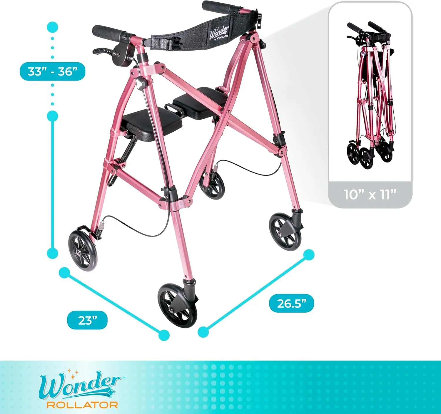 Stander Wonder Rollator, Lightweight Folding Space Saver Mobility Rolling Walker for Seniors and Adults, 6-inch Wheels, Locking Brakes, and Padded Seat with Backrest, Regal Rose