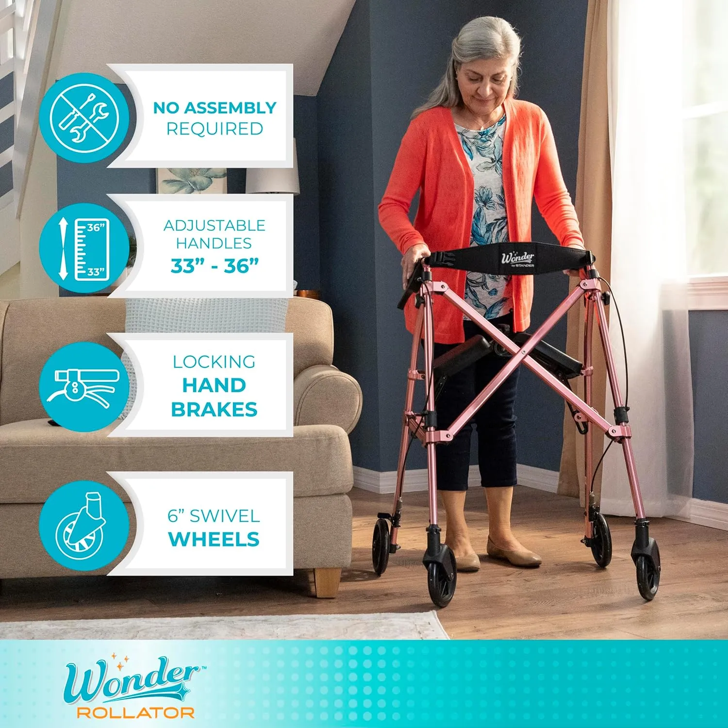Stander Wonder Rollator, Lightweight Folding Space Saver Mobility Rolling Walker for Seniors and Adults, 6-inch Wheels, Locking Brakes, and Padded Seat with Backrest, Regal Rose