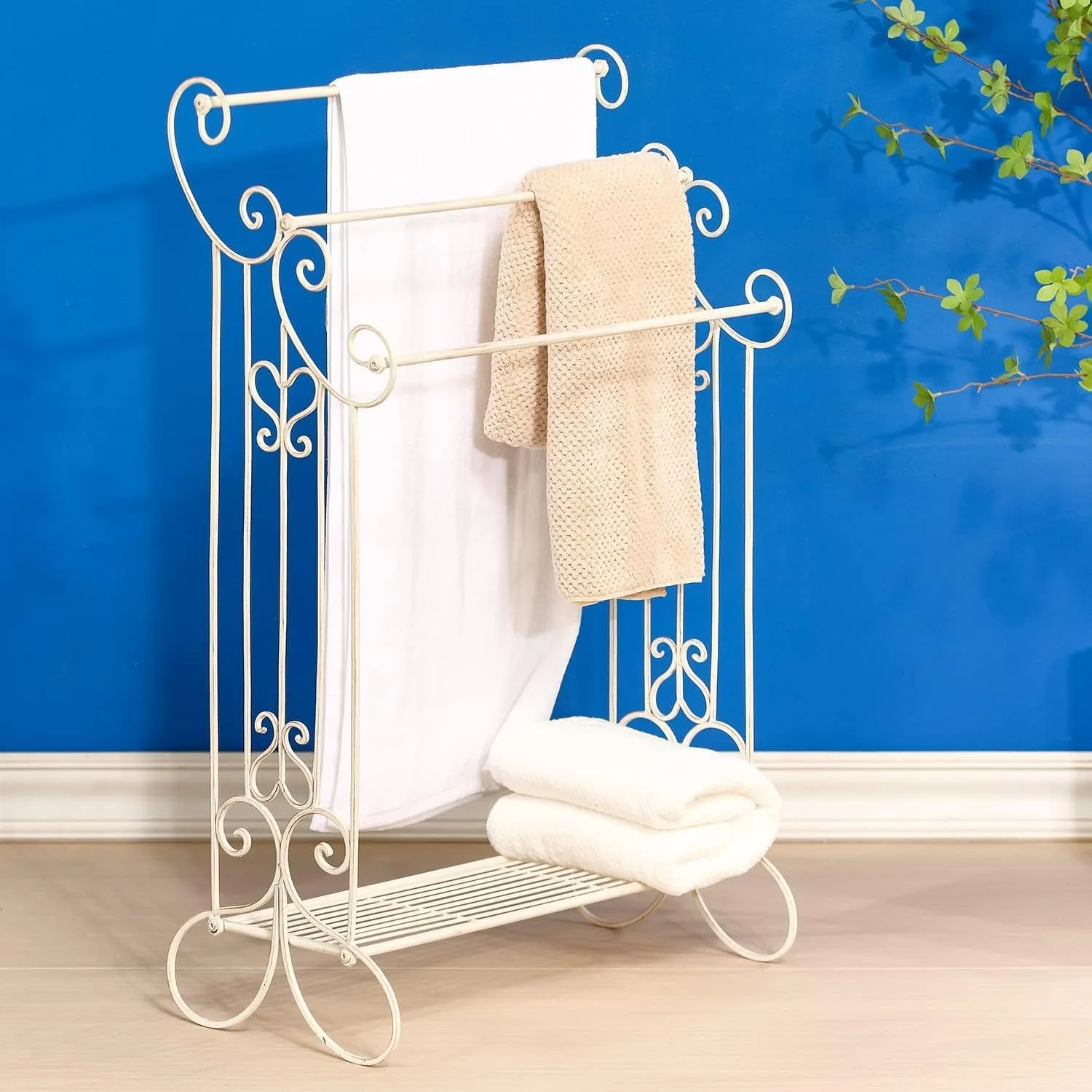 Standing Metal Towel Organizer & Drying Rack with Shelf - Freestanding for Bath, Hand & Wash Towels