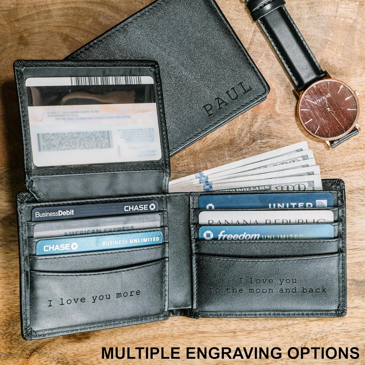 STAY FINE Personalized Wallet for Men, Custom Engraved Leather RFID Blocking Bifold, 2 ID Windows, 8 Card Slots, Gift for Him, Black