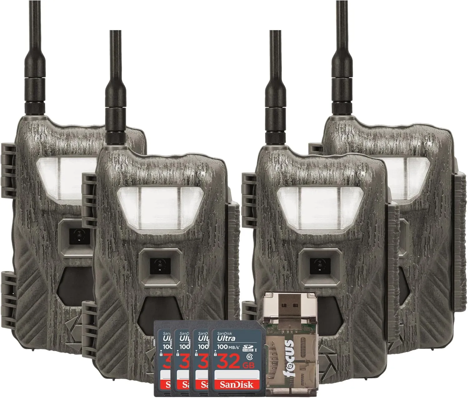 Stealth Cam Flashback 40MP White Flash Cellular Trail Camera 4-Pack with Four 32GB Memory Cards and Card Reader (9 Items)