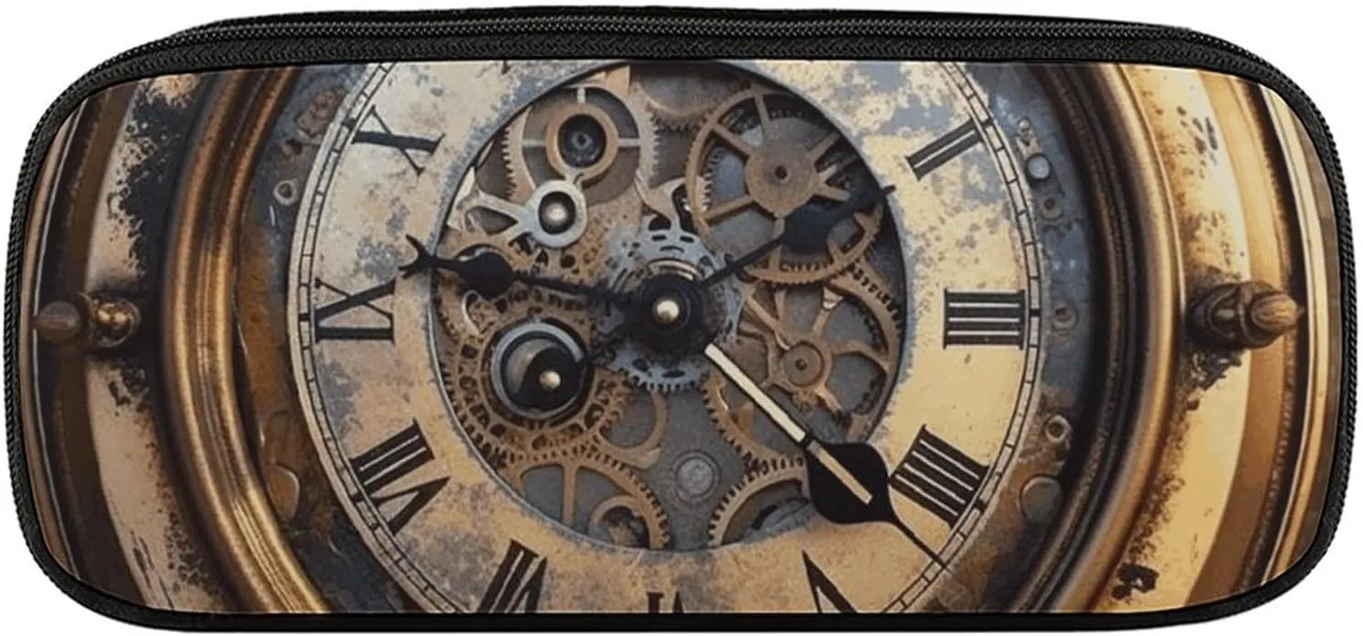 Steampunk Clock Large Pencil Bag Waterproof Cute Pen Case Travel Cosmetic Leather Makeup Bag Organizer Pen Holder for Men Women