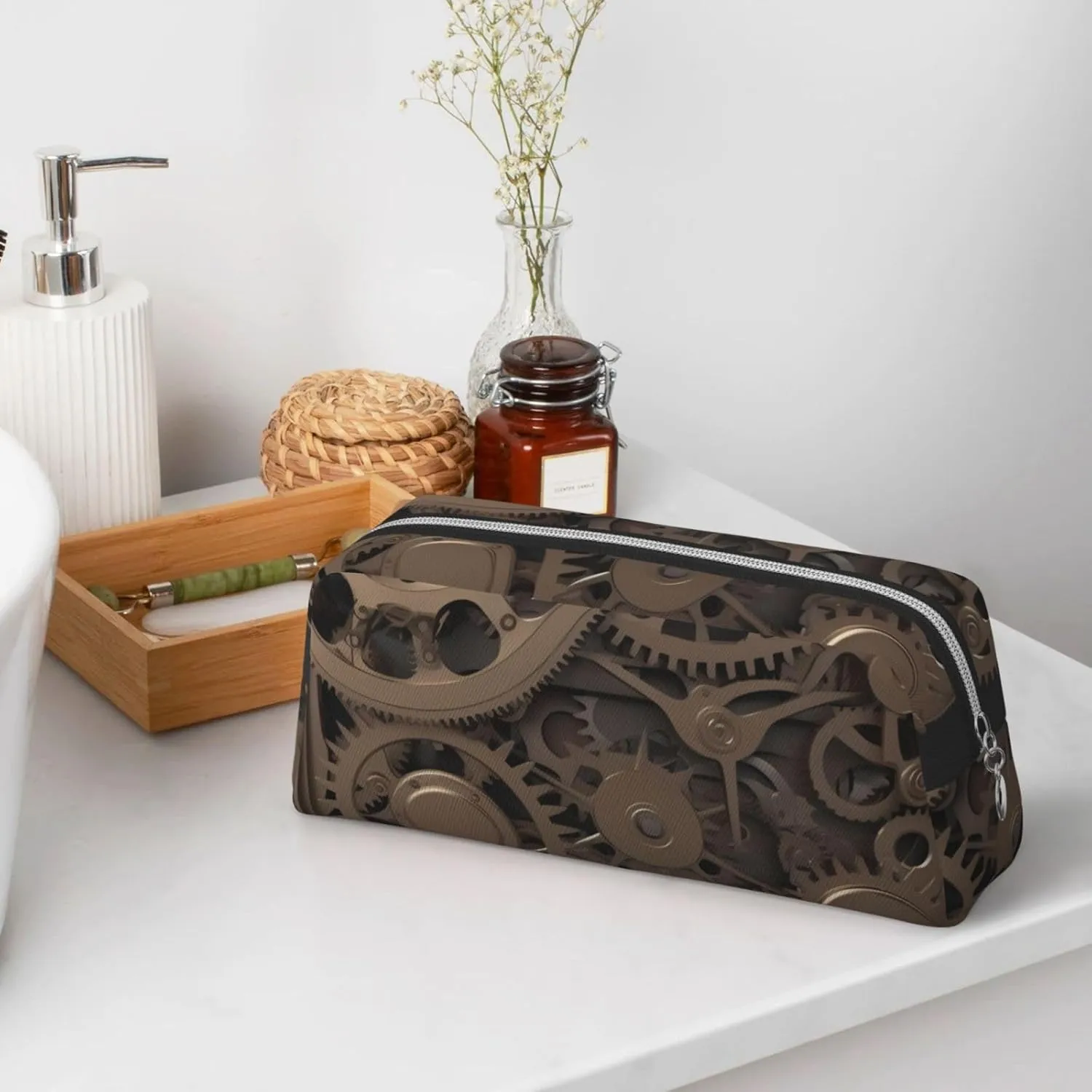 Steampunk Mechanical Gears Makeup Bag Travel Toiletry Bag Big Pencil Bag for Women Men Leather Zipper Coin Pouch Purse