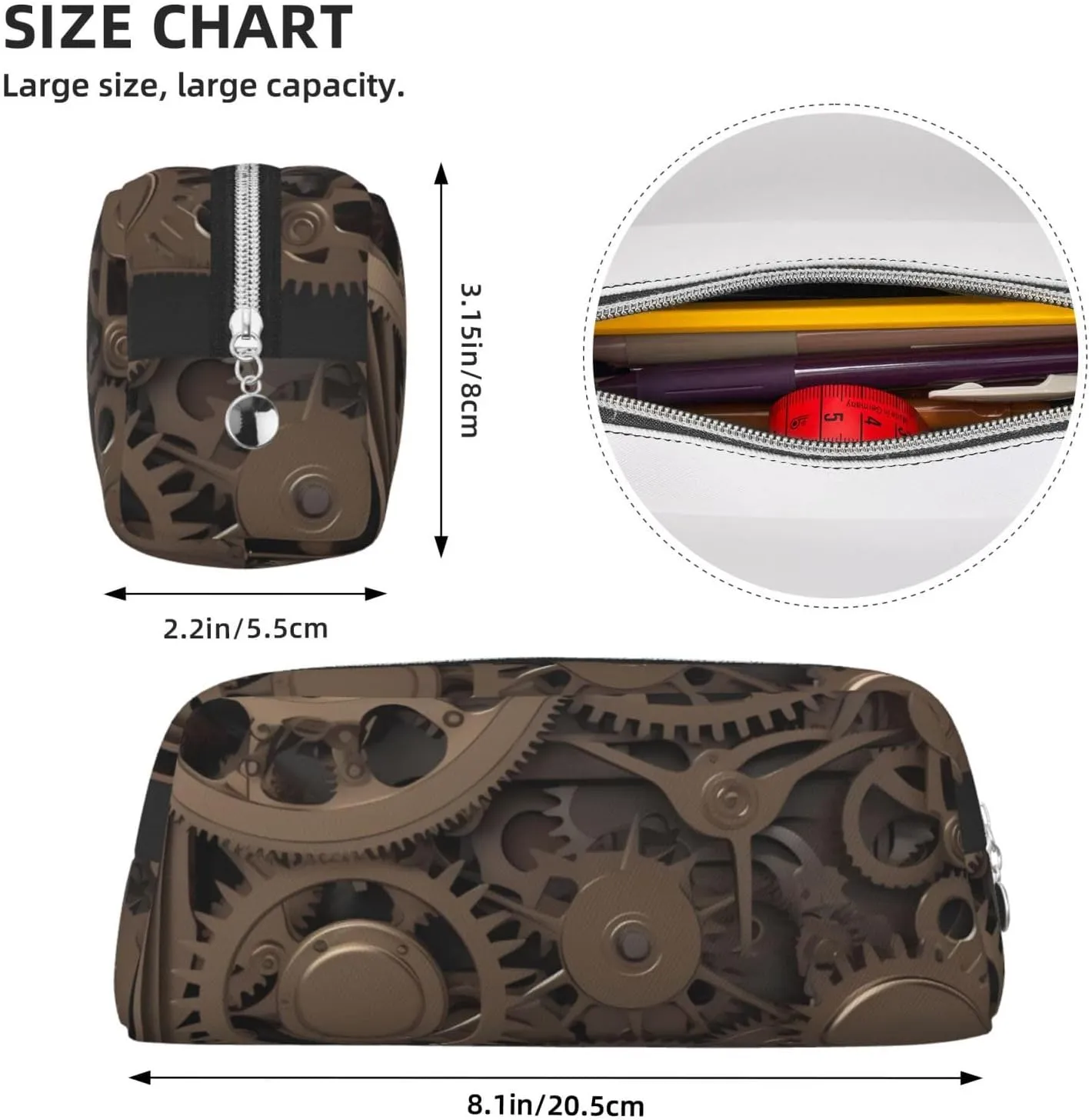 Steampunk Mechanical Gears Makeup Bag Travel Toiletry Bag Big Pencil Bag for Women Men Leather Zipper Coin Pouch Purse