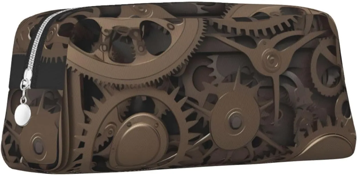 Steampunk Mechanical Gears Makeup Bag Travel Toiletry Bag Big Pencil Bag for Women Men Leather Zipper Coin Pouch Purse