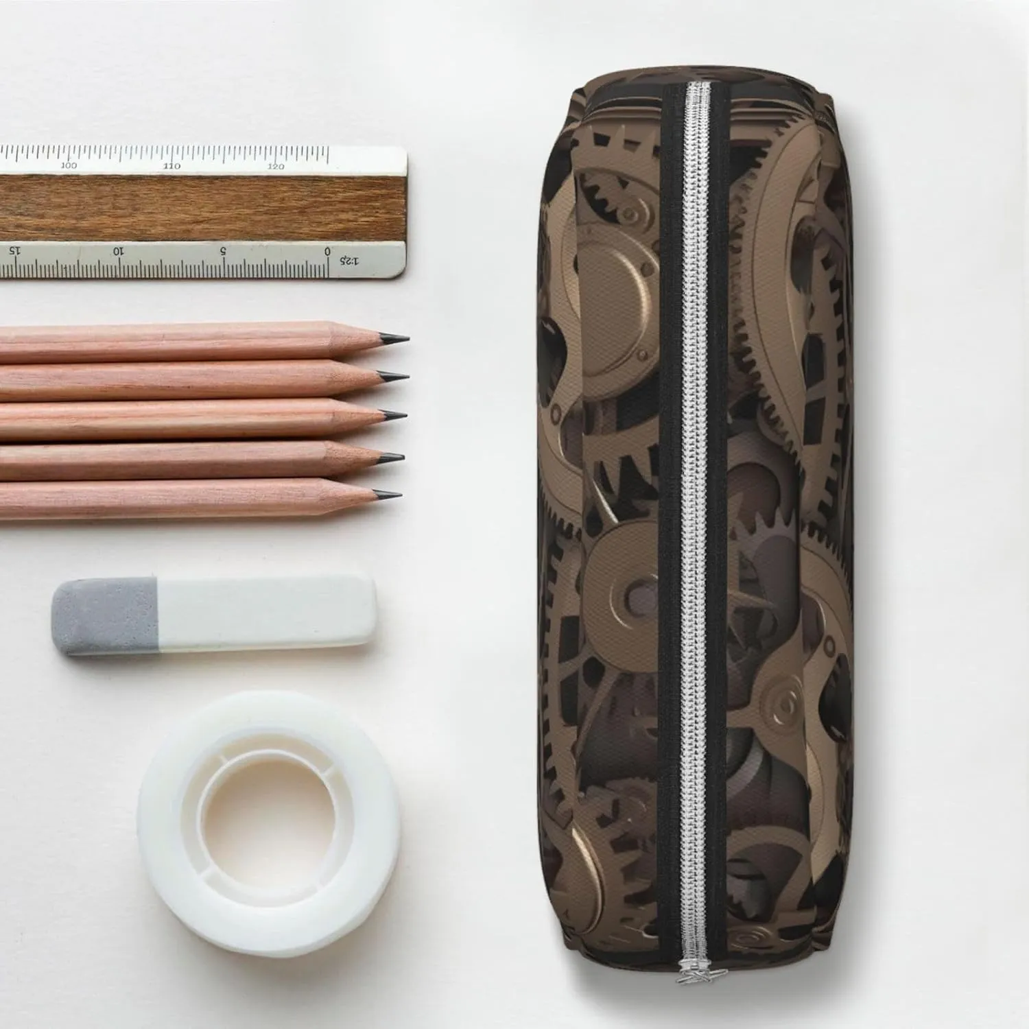 Steampunk Mechanical Gears Makeup Bag Travel Toiletry Bag Big Pencil Bag for Women Men Leather Zipper Coin Pouch Purse