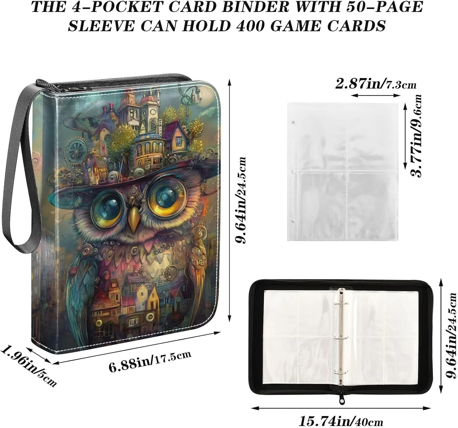 Steampunk Owl Hat Brown Small Trading Card Binder, Card Holder 3 Ring Binder 400 Cards Capacity Photocard Holder