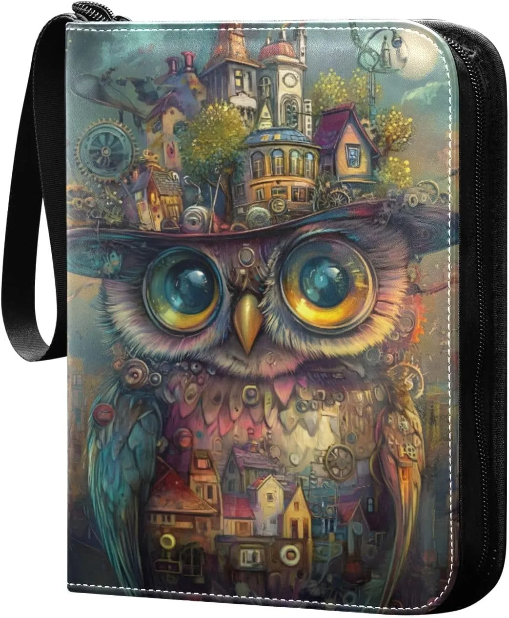 Steampunk Owl Hat Brown Small Trading Card Binder, Card Holder 3 Ring Binder 400 Cards Capacity Photocard Holder