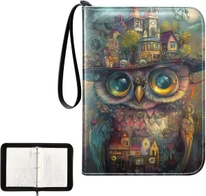 Steampunk Owl Hat Brown Small Trading Card Binder, Card Holder 3 Ring Binder 400 Cards Capacity Photocard Holder