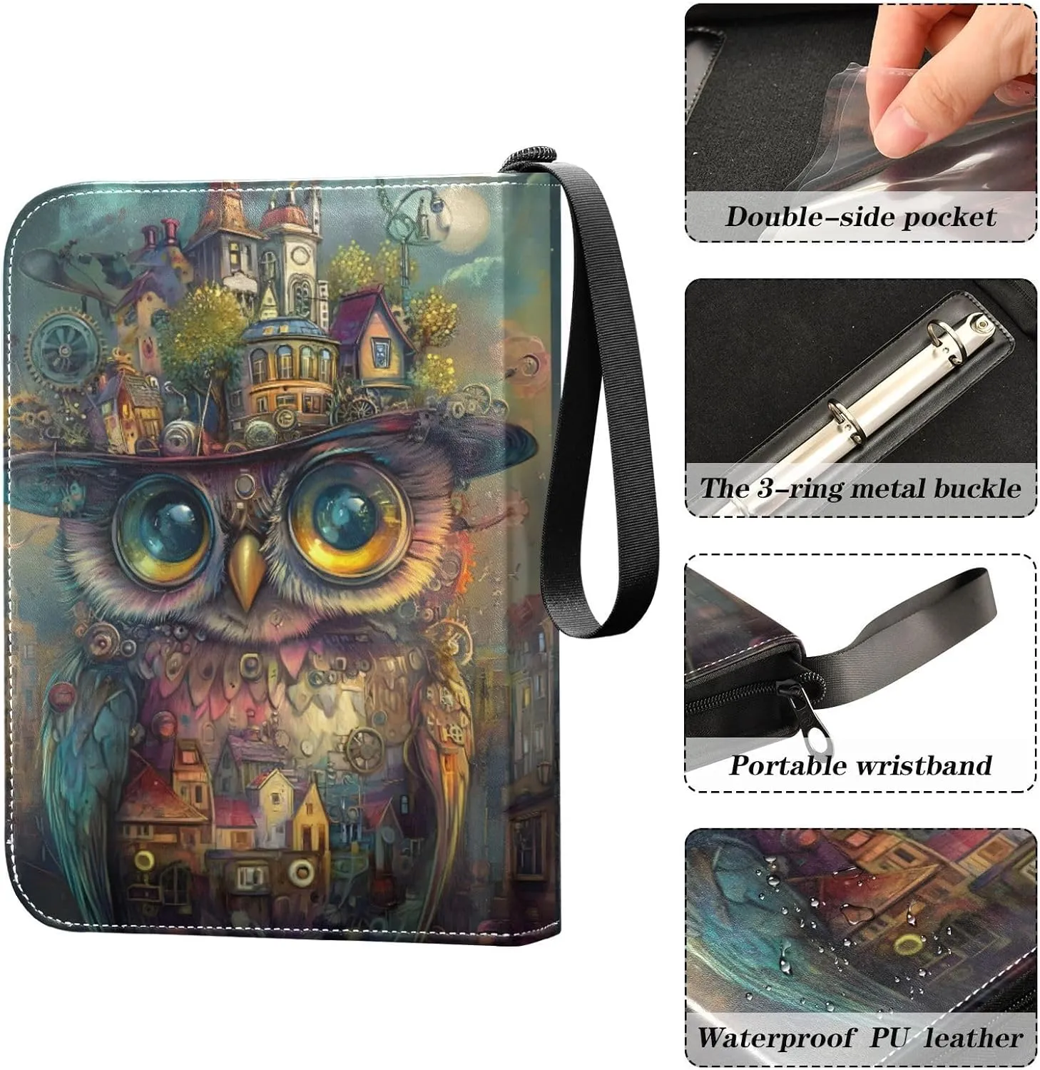 Steampunk Owl Hat Brown Small Trading Card Binder, Card Holder 3 Ring Binder 400 Cards Capacity Photocard Holder