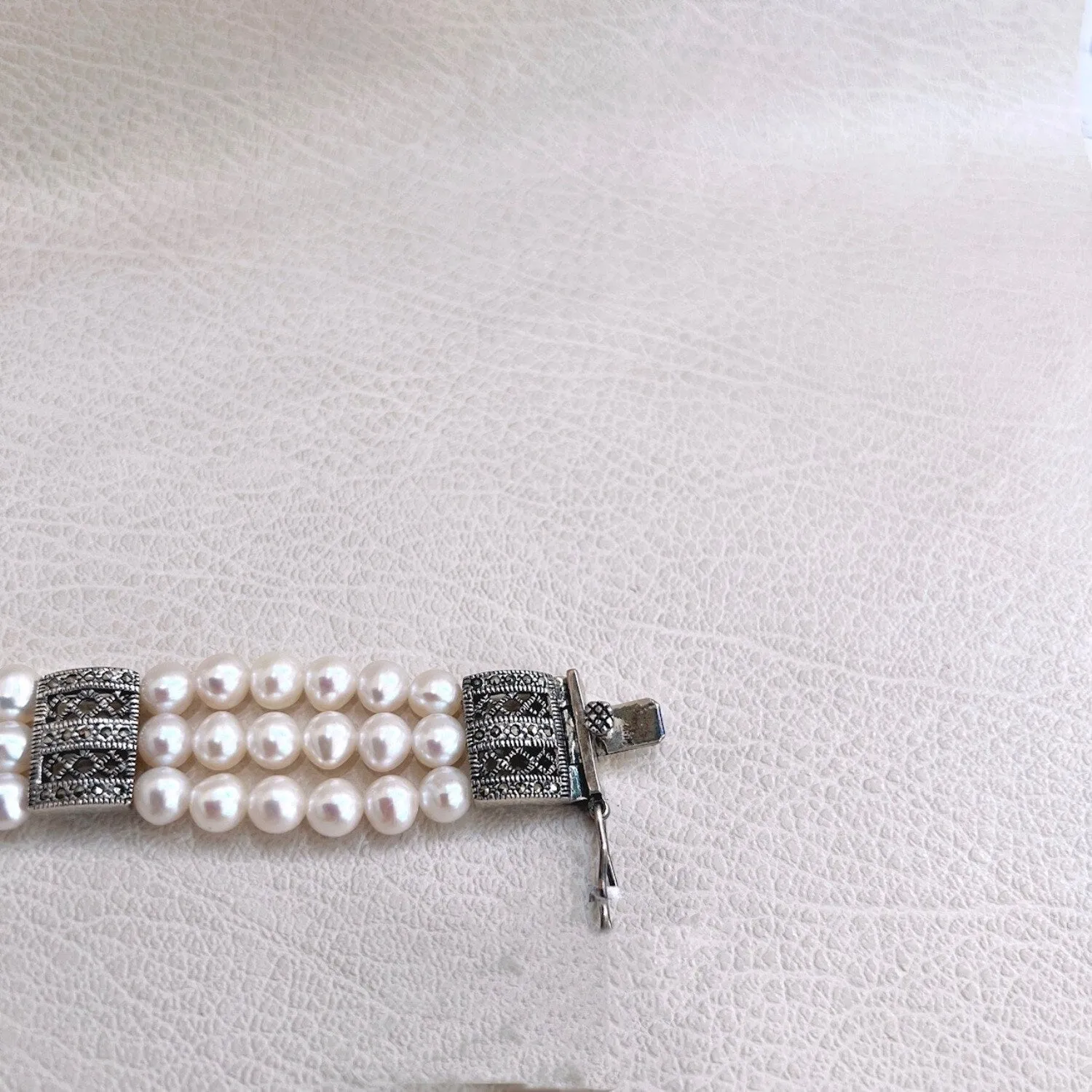 Sterling Silver Marcasite Dividers Freshwater Pearl Triple Lines Bracelet
