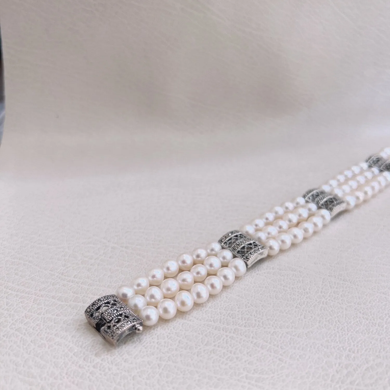 Sterling Silver Marcasite Dividers Freshwater Pearl Triple Lines Bracelet