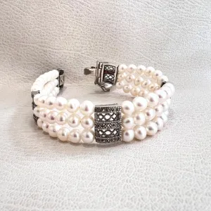 Sterling Silver Marcasite Dividers Freshwater Pearl Triple Lines Bracelet