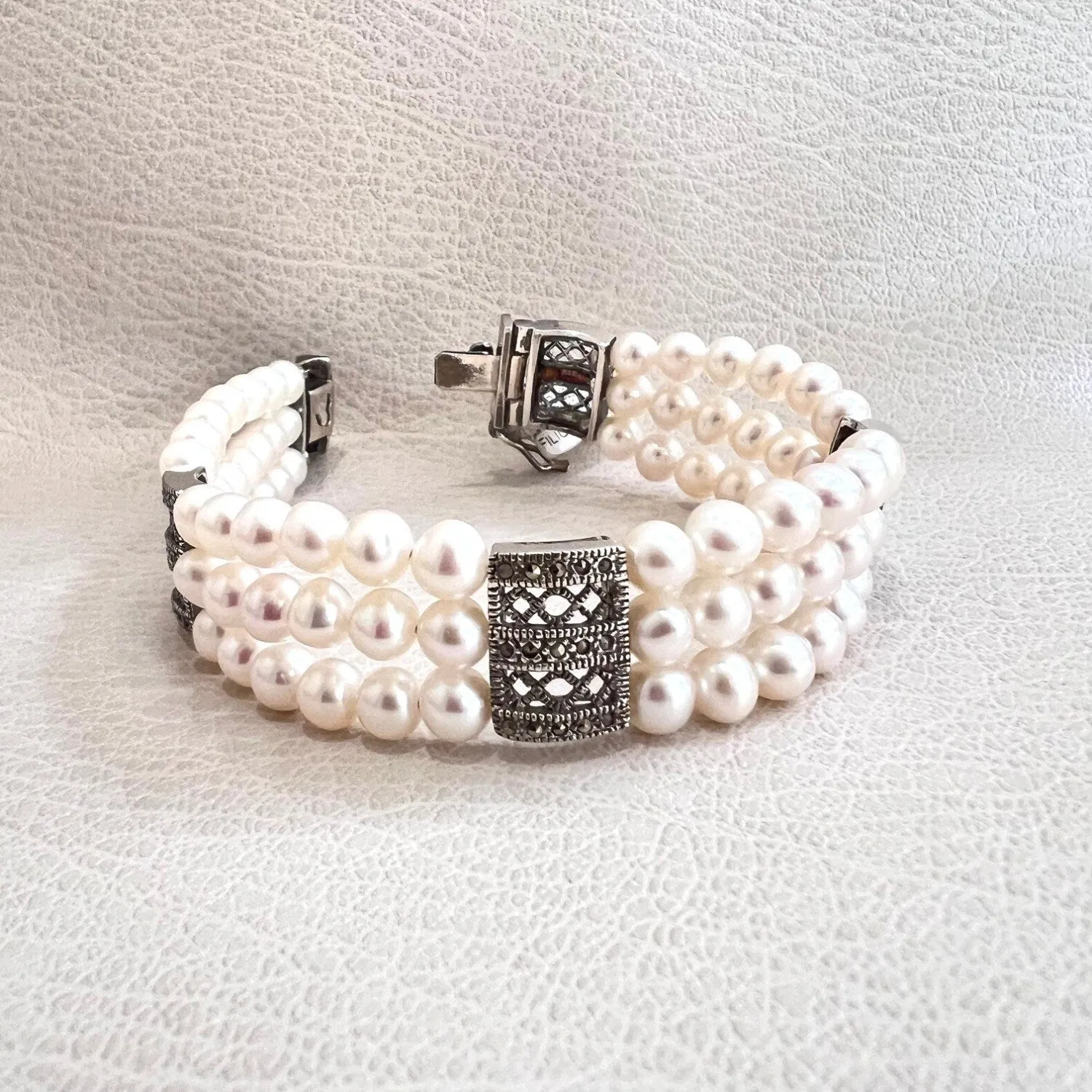 Sterling Silver Marcasite Dividers Freshwater Pearl Triple Lines Bracelet