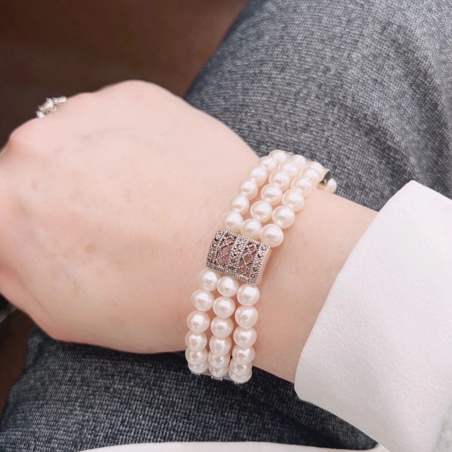 Sterling Silver Marcasite Dividers Freshwater Pearl Triple Lines Bracelet