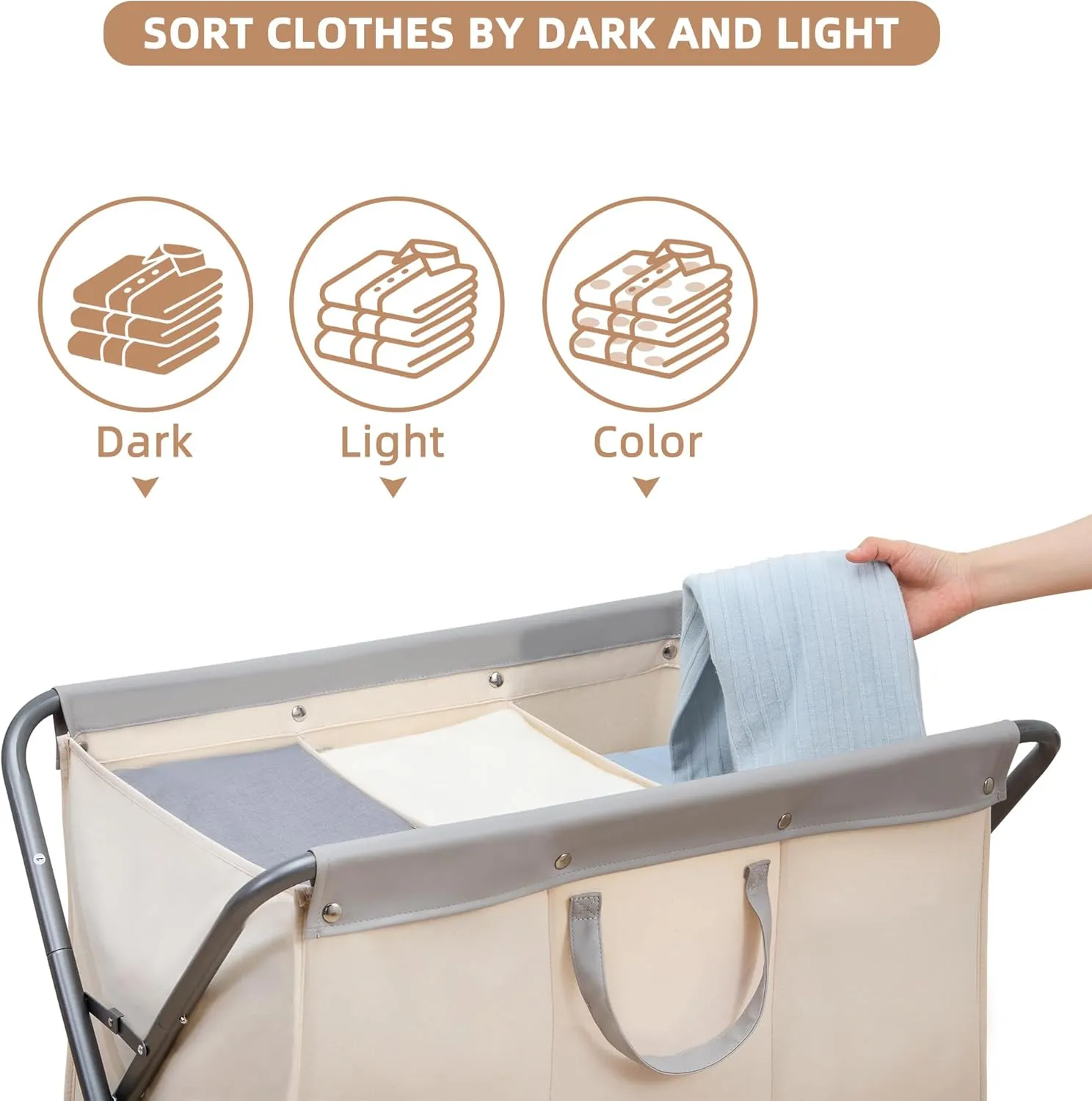 STORAGE MANIAC 160L Collapsible Laundry Hamper with Wheels, Rolling Laundry Basket, Heavy Duty Laundry Sorter with Removable Bag, Folding X Frame Laundry Organizer Cart for Easy to Store, 3 Section