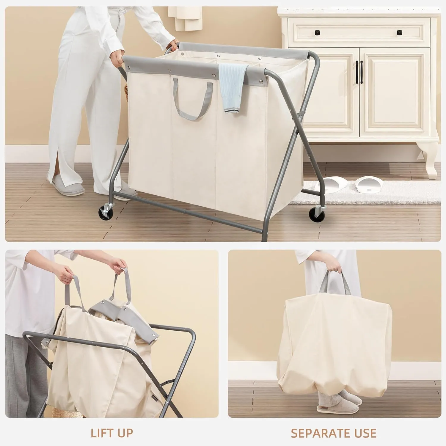 STORAGE MANIAC 160L Collapsible Laundry Hamper with Wheels, Rolling Laundry Basket, Heavy Duty Laundry Sorter with Removable Bag, Folding X Frame Laundry Organizer Cart for Easy to Store, 3 Section