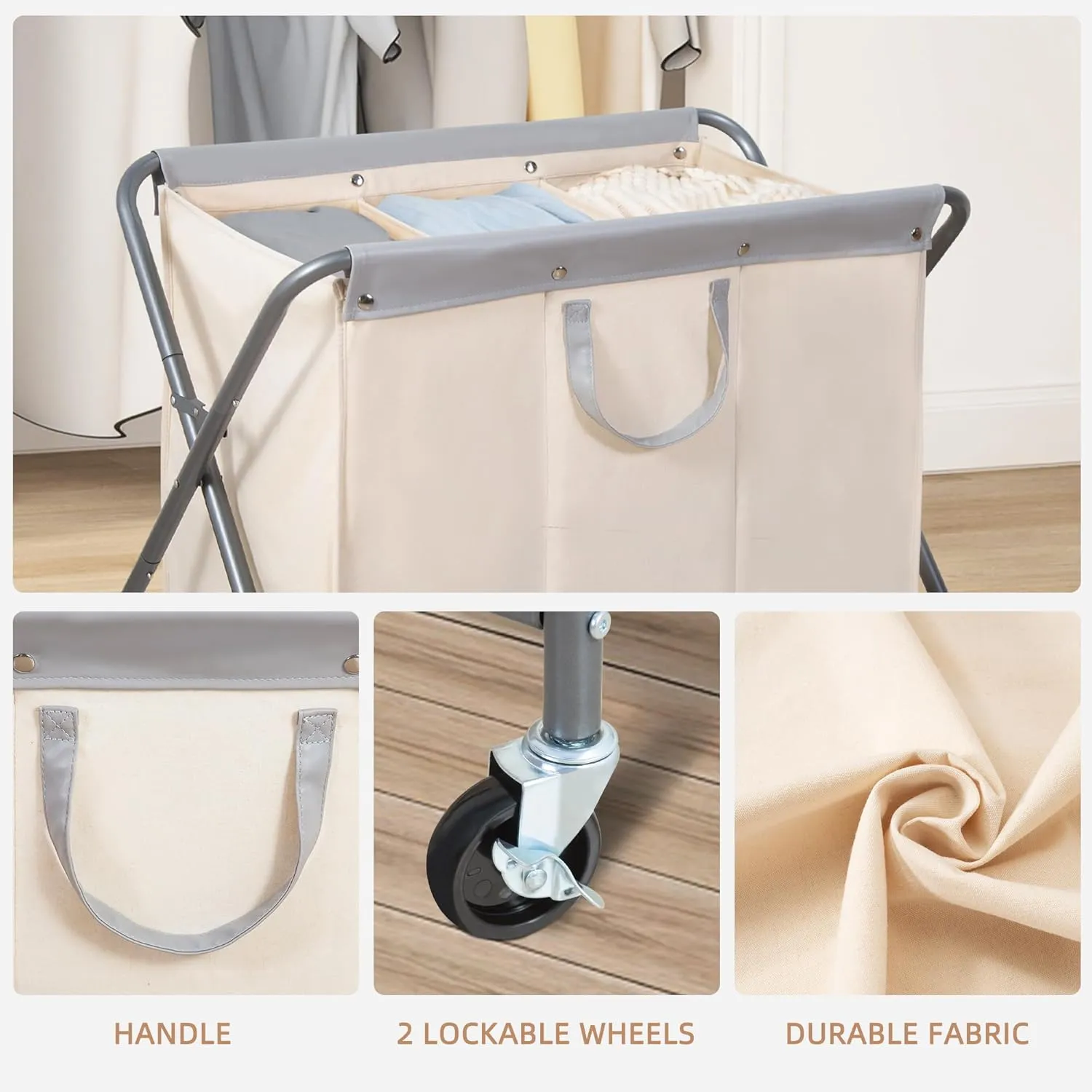 STORAGE MANIAC 160L Collapsible Laundry Hamper with Wheels, Rolling Laundry Basket, Heavy Duty Laundry Sorter with Removable Bag, Folding X Frame Laundry Organizer Cart for Easy to Store, 3 Section