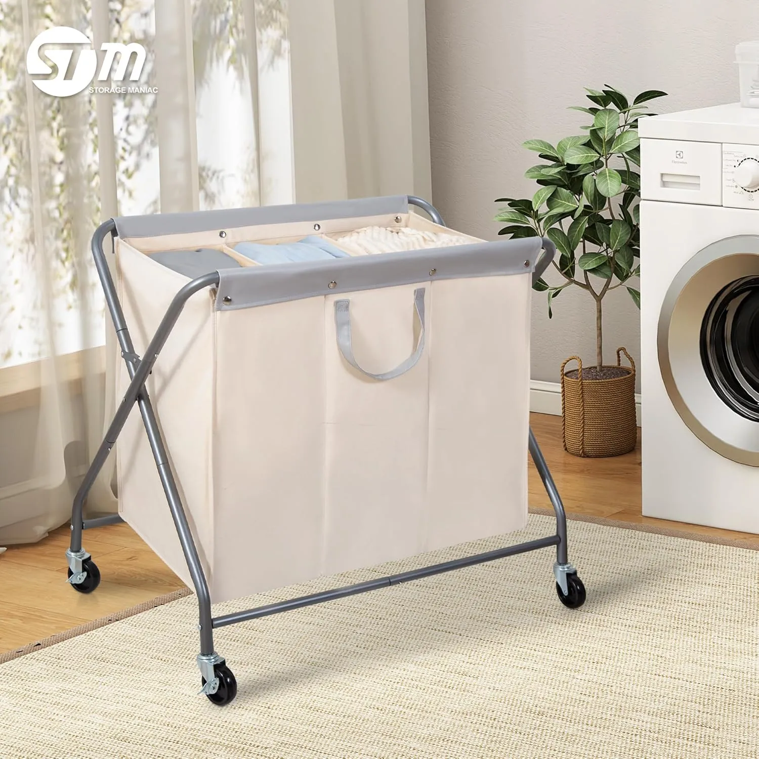 STORAGE MANIAC 160L Collapsible Laundry Hamper with Wheels, Rolling Laundry Basket, Heavy Duty Laundry Sorter with Removable Bag, Folding X Frame Laundry Organizer Cart for Easy to Store, 3 Section