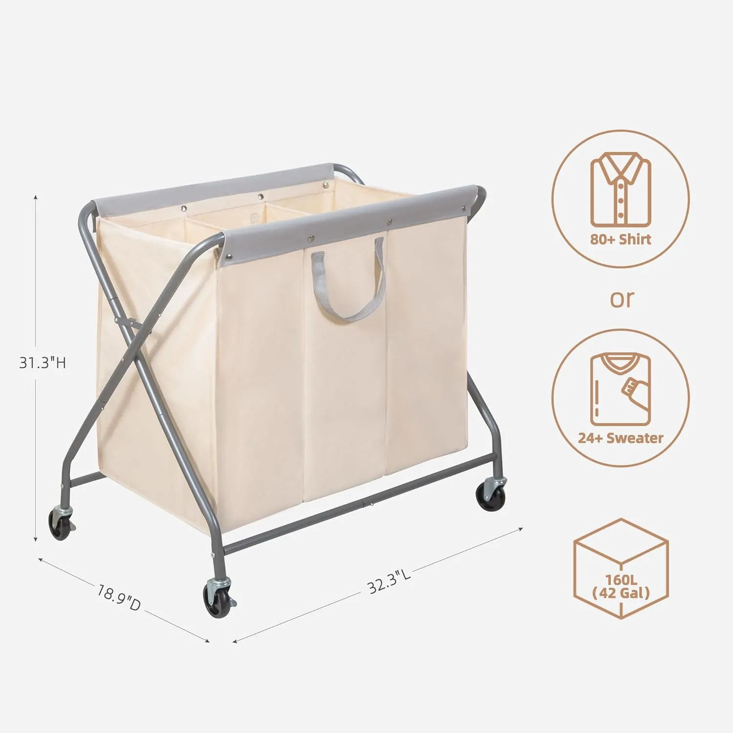 STORAGE MANIAC 160L Collapsible Laundry Hamper with Wheels, Rolling Laundry Basket, Heavy Duty Laundry Sorter with Removable Bag, Folding X Frame Laundry Organizer Cart for Easy to Store, 3 Section