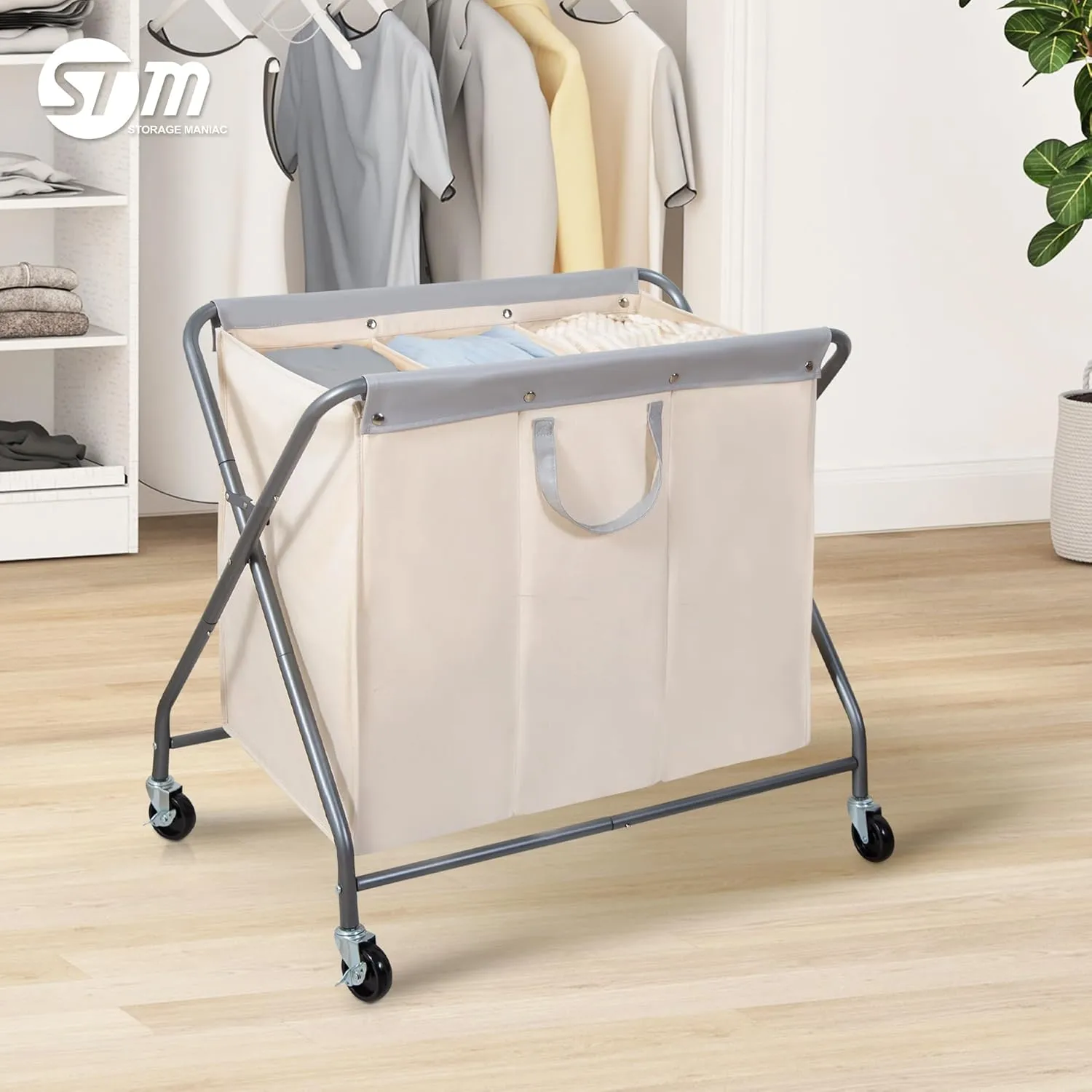 STORAGE MANIAC 160L Collapsible Laundry Hamper with Wheels, Rolling Laundry Basket, Heavy Duty Laundry Sorter with Removable Bag, Folding X Frame Laundry Organizer Cart for Easy to Store, 3 Section
