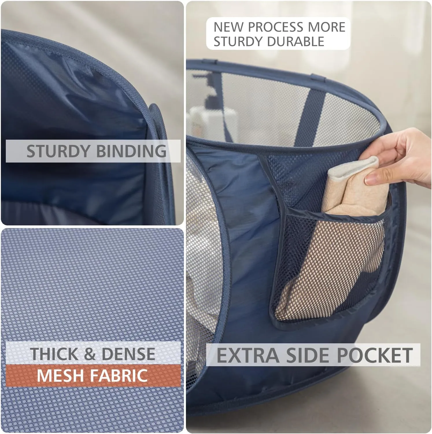 Sturdy Mesh Laundry Hamper Basket Bag,Pop up Basket with Side Pocket for Laundry Room, Bathroom, Kids Room, College Dorm or Travel (Pop Horizontal, Grey   Grey)