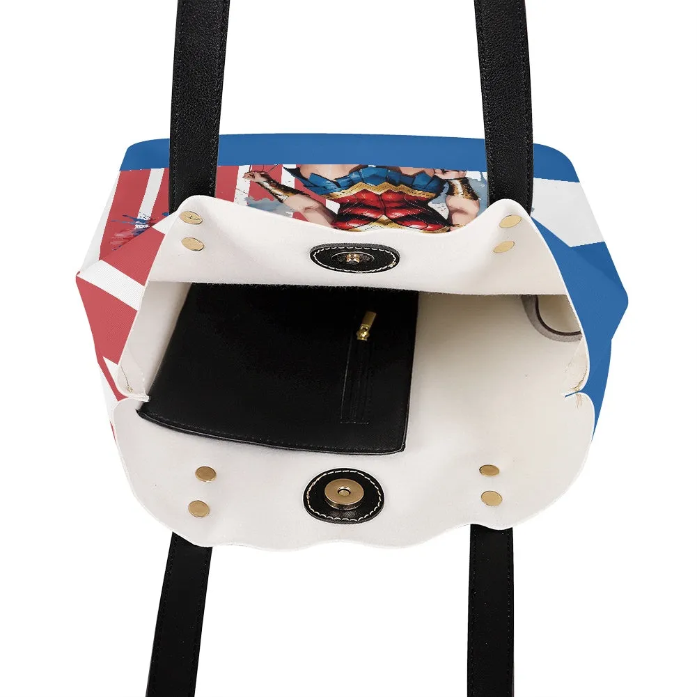 Stylish Superhero Print Tote – PU Leather Handbag