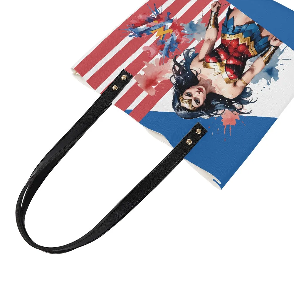 Stylish Superhero Print Tote – PU Leather Handbag