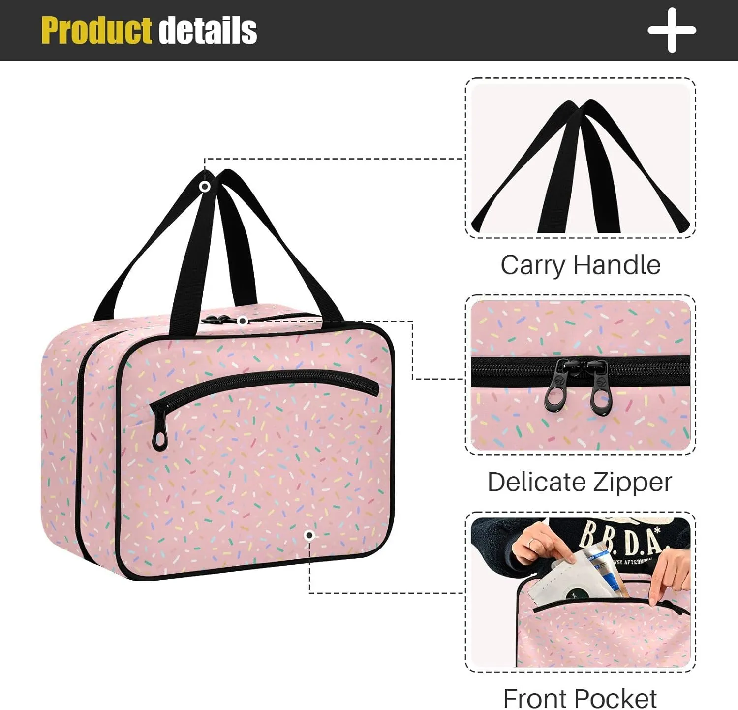 Sugar Grain Pink Large Capacity Toiletry Bag 4 Zipper Pockets with Mesh Design Built-in Hook & Double Zipper Full Print Travel Organizer for Men Women & Kids