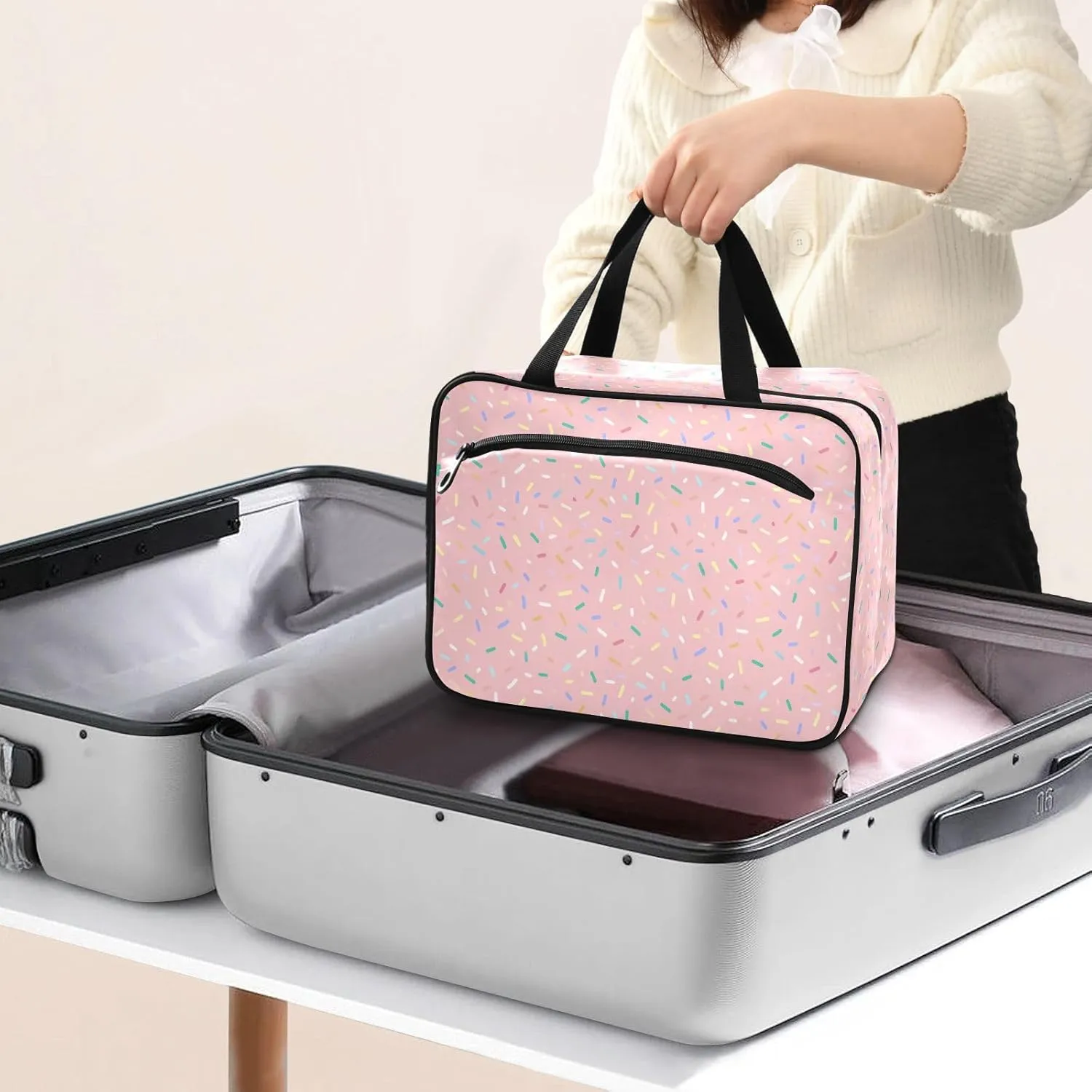 Sugar Grain Pink Large Capacity Toiletry Bag 4 Zipper Pockets with Mesh Design Built-in Hook & Double Zipper Full Print Travel Organizer for Men Women & Kids