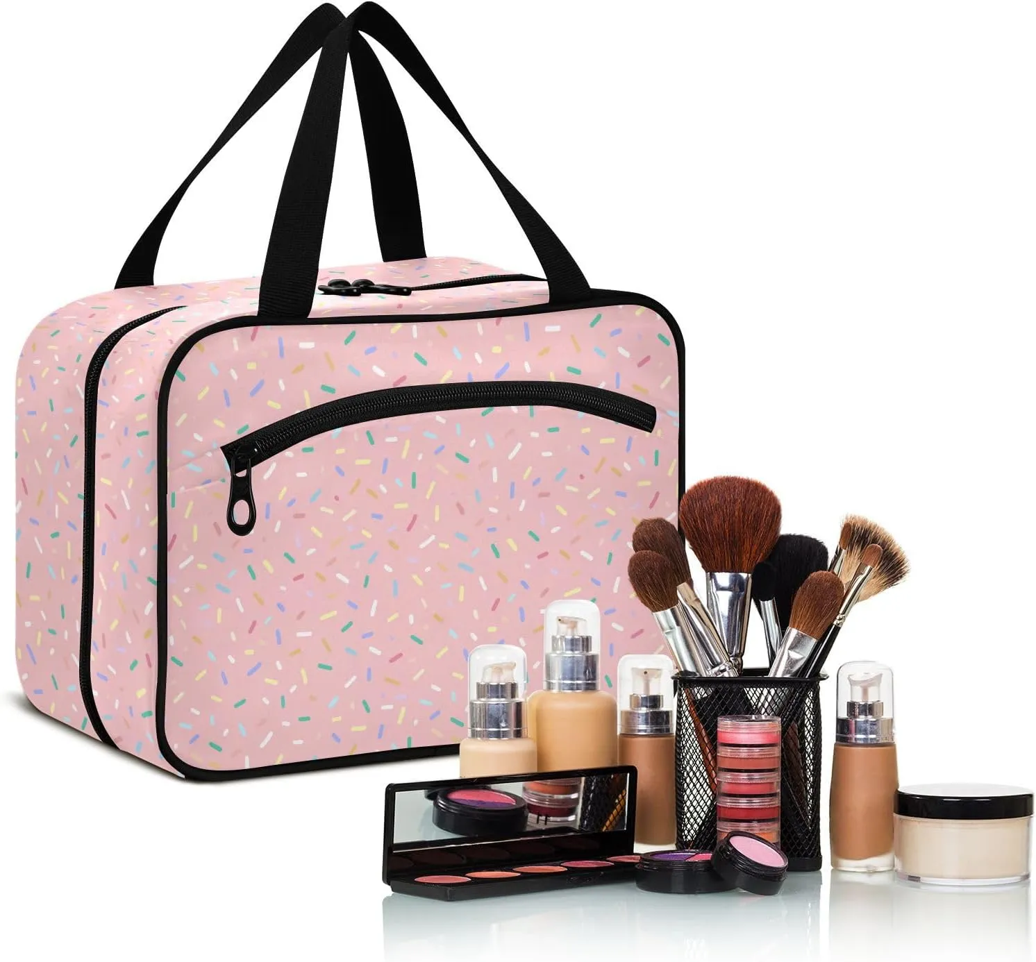 Sugar Grain Pink Large Capacity Toiletry Bag 4 Zipper Pockets with Mesh Design Built-in Hook & Double Zipper Full Print Travel Organizer for Men Women & Kids