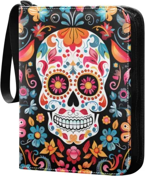 Sugar Skulls and Colorful Flowers Card Binder 4 Pocket Trading Card Binder Portable Cards Collection Book with Zipper