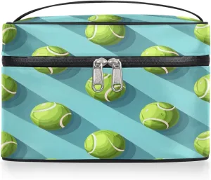 Summer Tennis Makeup Bag,Tennis Time Portable Cosmetic Bag, Large Capacity Travel Toiletry Bag Wash Bag with Compartments and Handles- Cosmetic Case Organizer for Ladies Traveling