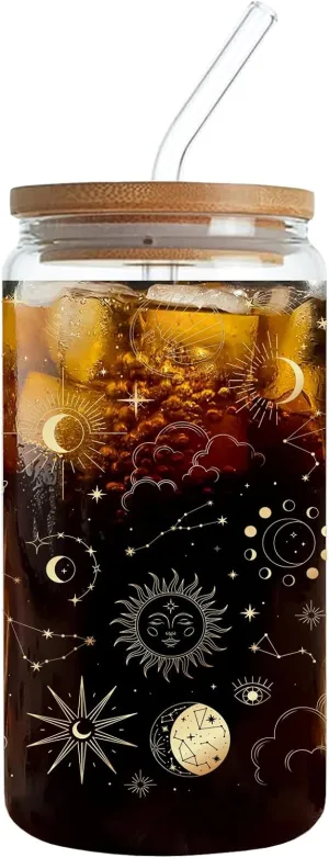 Sun Moon Magic Eyes Astrolabe Drinking Glass Cup 16 Oz with Bamboo Lid and Straws, Iced Coffee Beer Cocktail Glass Tumbler, Holiday Christmas Birthday Gift for Dad Mom Sister Friends Bestie