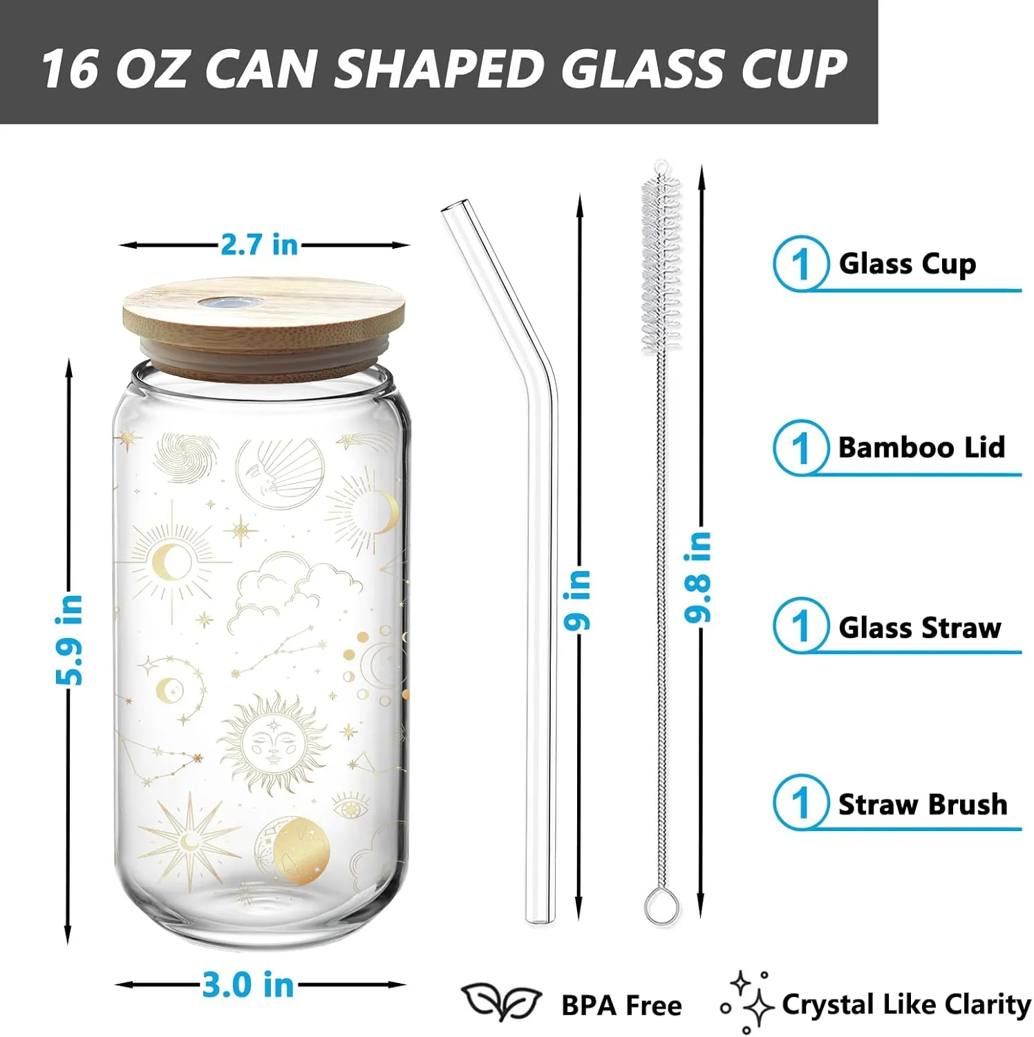 Sun Moon Magic Eyes Astrolabe Drinking Glass Cup 16 Oz with Bamboo Lid and Straws, Iced Coffee Beer Cocktail Glass Tumbler, Holiday Christmas Birthday Gift for Dad Mom Sister Friends Bestie