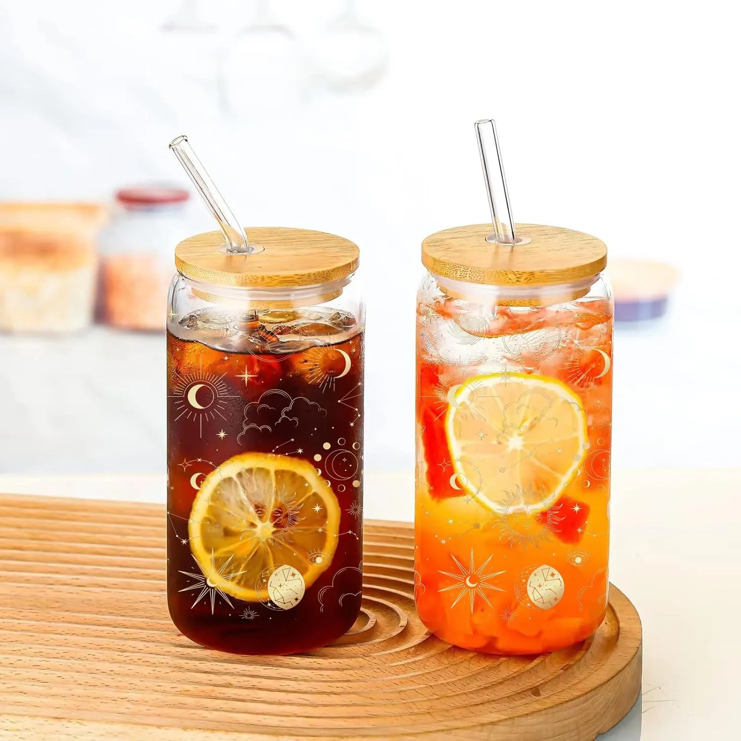 Sun Moon Magic Eyes Astrolabe Drinking Glass Cup 16 Oz with Bamboo Lid and Straws, Iced Coffee Beer Cocktail Glass Tumbler, Holiday Christmas Birthday Gift for Dad Mom Sister Friends Bestie