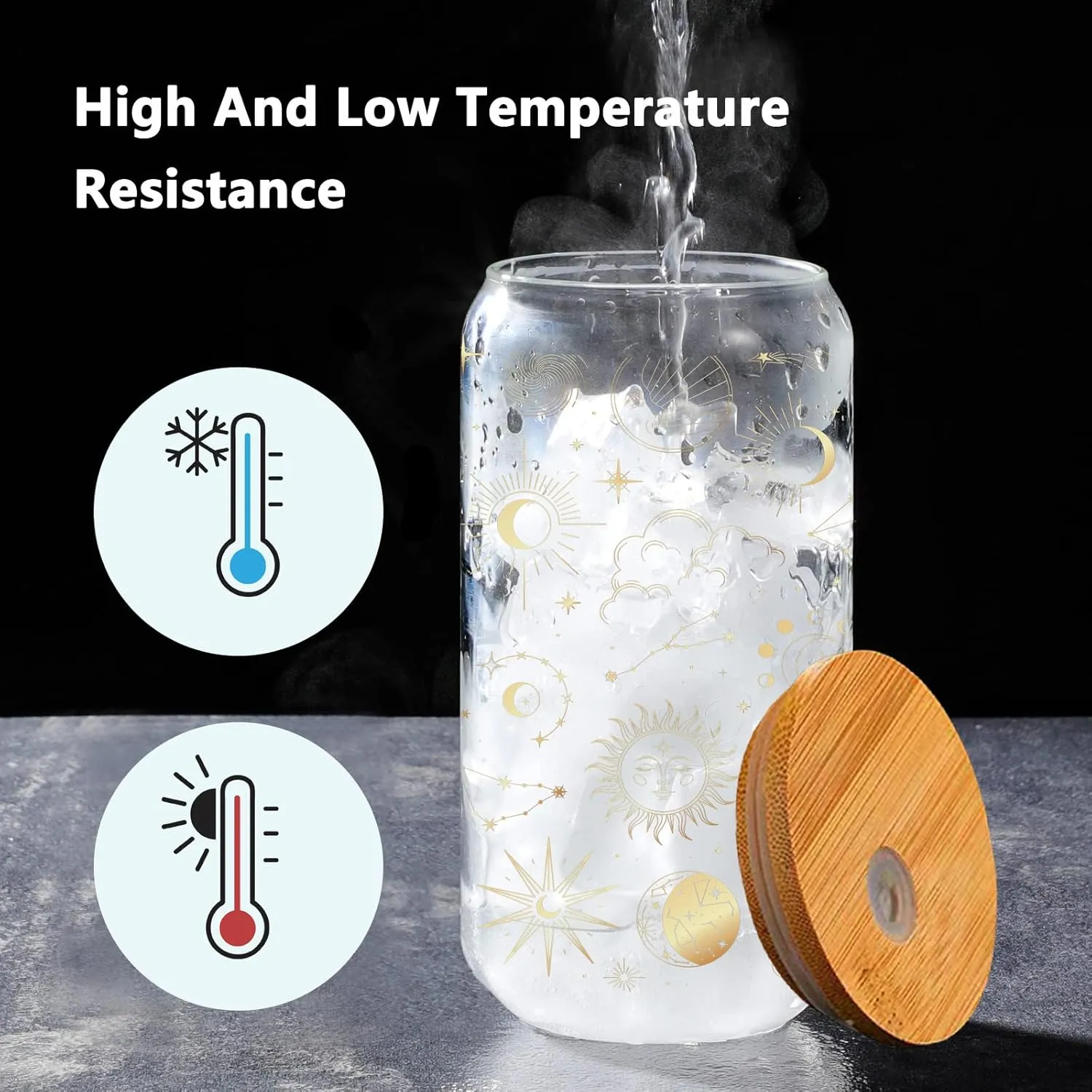 Sun Moon Magic Eyes Astrolabe Drinking Glass Cup 16 Oz with Bamboo Lid and Straws, Iced Coffee Beer Cocktail Glass Tumbler, Holiday Christmas Birthday Gift for Dad Mom Sister Friends Bestie
