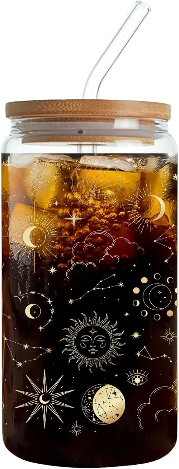 Sun Moon Magic Eyes Astrolabe Drinking Glass Cup 16 Oz with Bamboo Lid and Straws, Iced Coffee Beer Cocktail Glass Tumbler, Holiday Christmas Birthday Gift for Dad Mom Sister Friends Bestie