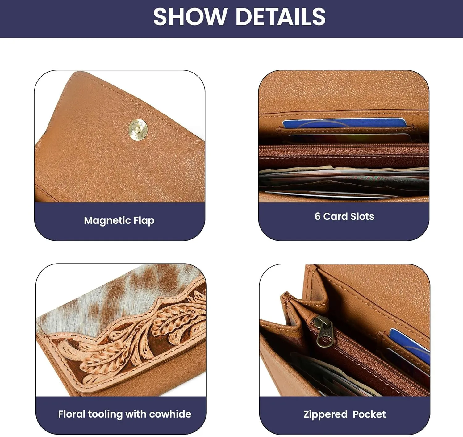Sundown Stash Tooled Leather Cowhide Hair On Wallet for Women RFID Blocking Trifold Wallet