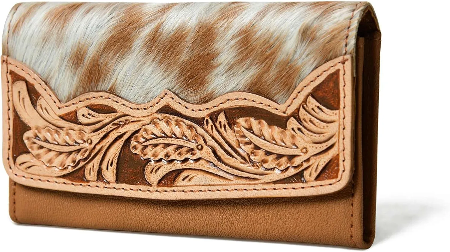 Sundown Stash Tooled Leather Cowhide Hair On Wallet for Women RFID Blocking Trifold Wallet