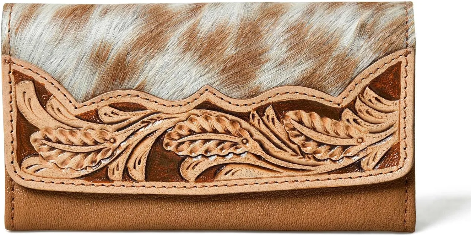 Sundown Stash Tooled Leather Cowhide Hair On Wallet for Women RFID Blocking Trifold Wallet