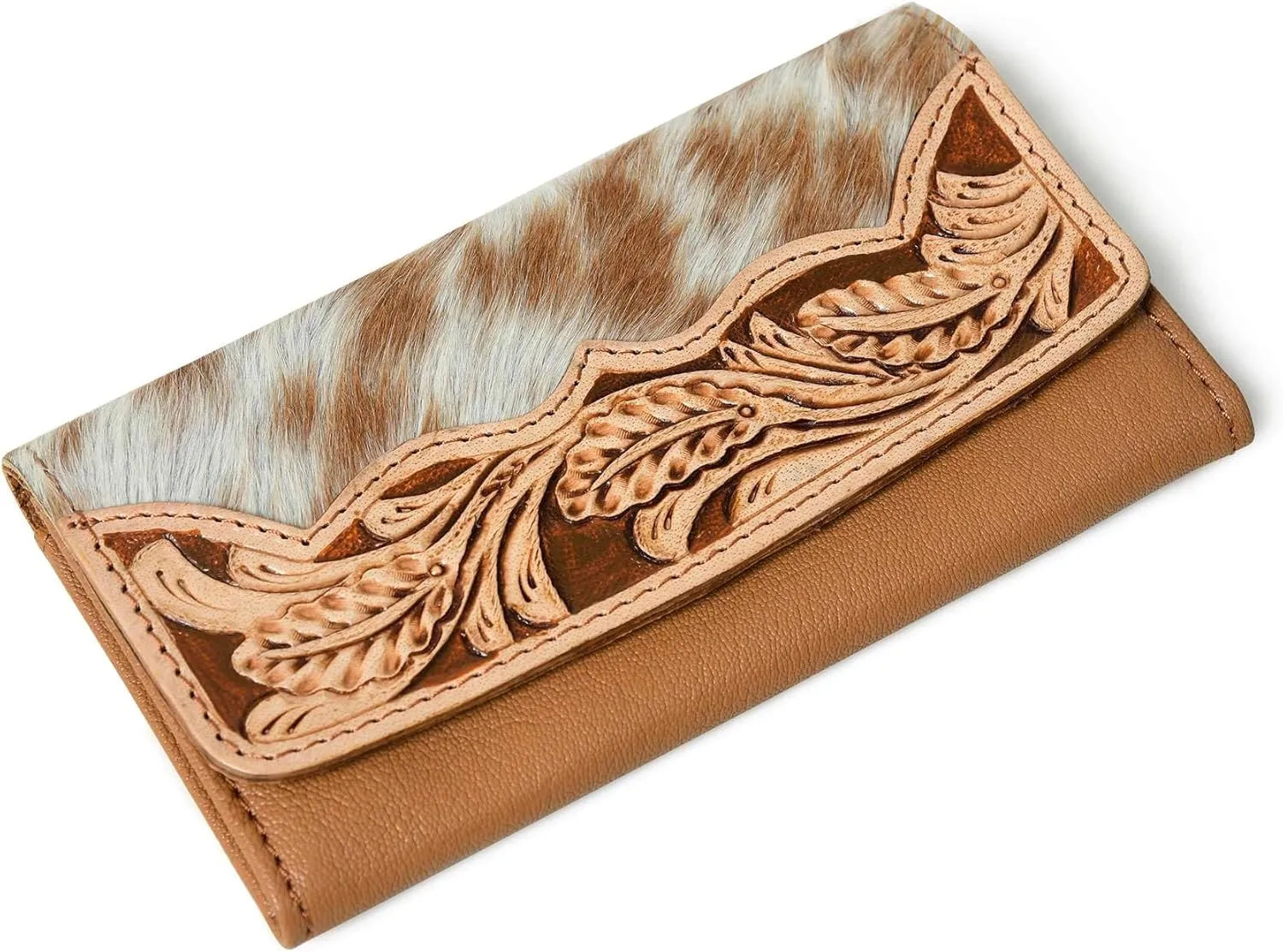 Sundown Stash Tooled Leather Cowhide Hair On Wallet for Women RFID Blocking Trifold Wallet
