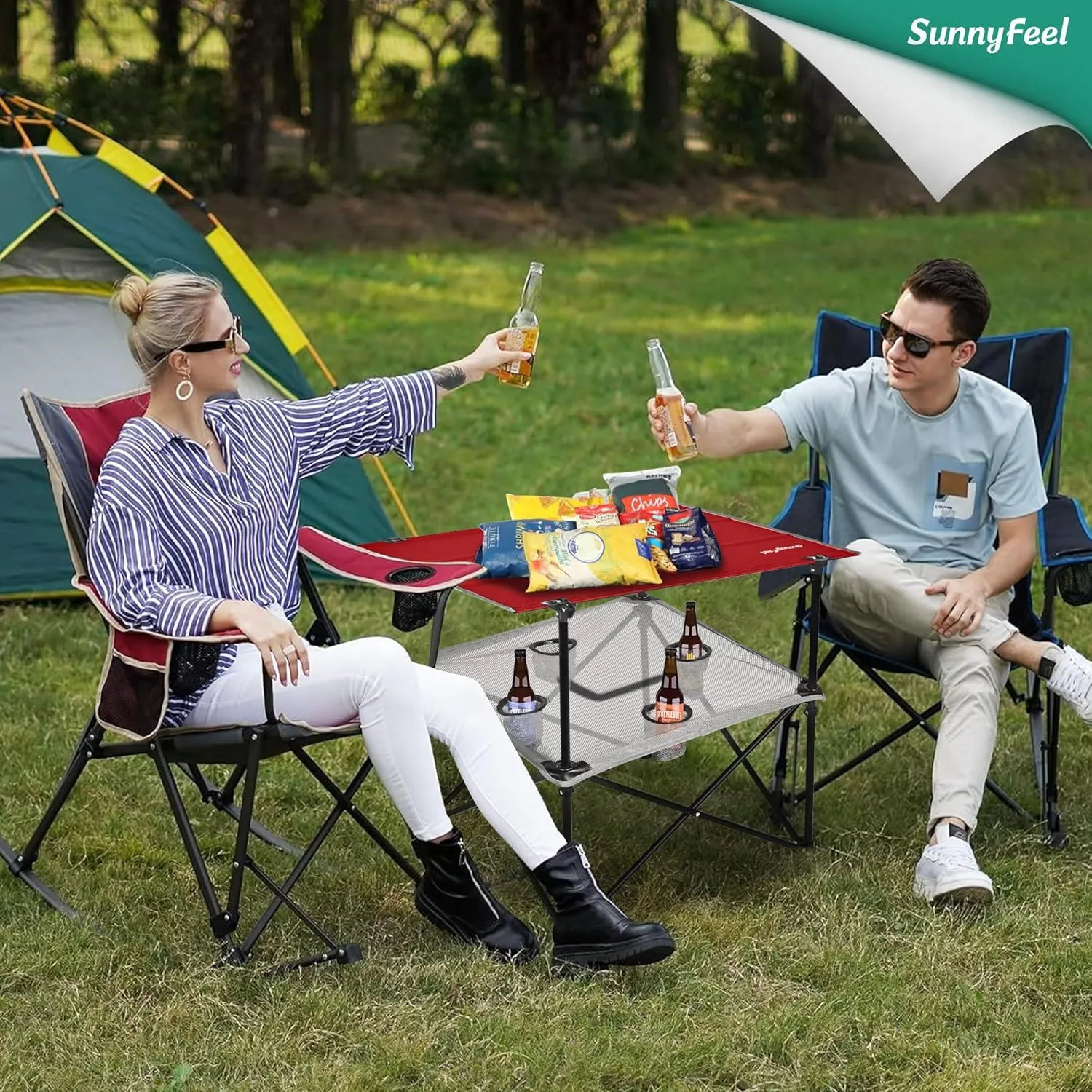 SUNNYFEEL Folding Camping Table- Collapsible Portable Beach Table with 4 Cup Holders & Carry Bags, Tailgate Table for Outdoor Excursion Picnic Hiking Fishing Travel Parties, Red