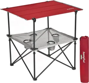 SUNNYFEEL Folding Camping Table- Collapsible Portable Beach Table with 4 Cup Holders & Carry Bags, Tailgate Table for Outdoor Excursion Picnic Hiking Fishing Travel Parties, Red