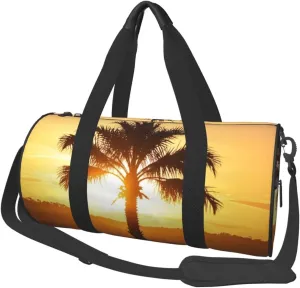 sunset palm tree Print Round Large Capacity Travel Luggage Bags,Men's and Women's Hand-Held Travel Clothing Bags