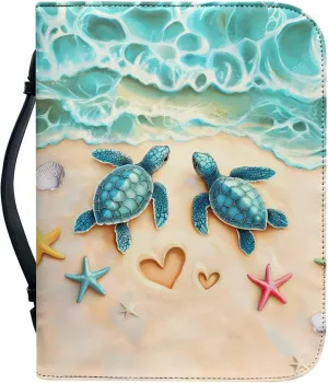 Suobstales Beach Turtle Starfish Seashell Print Bible Cover for Women Men PU Leather Makeup Organizer Expand Brief Case Journal Case Christian Purses Handbags, XL