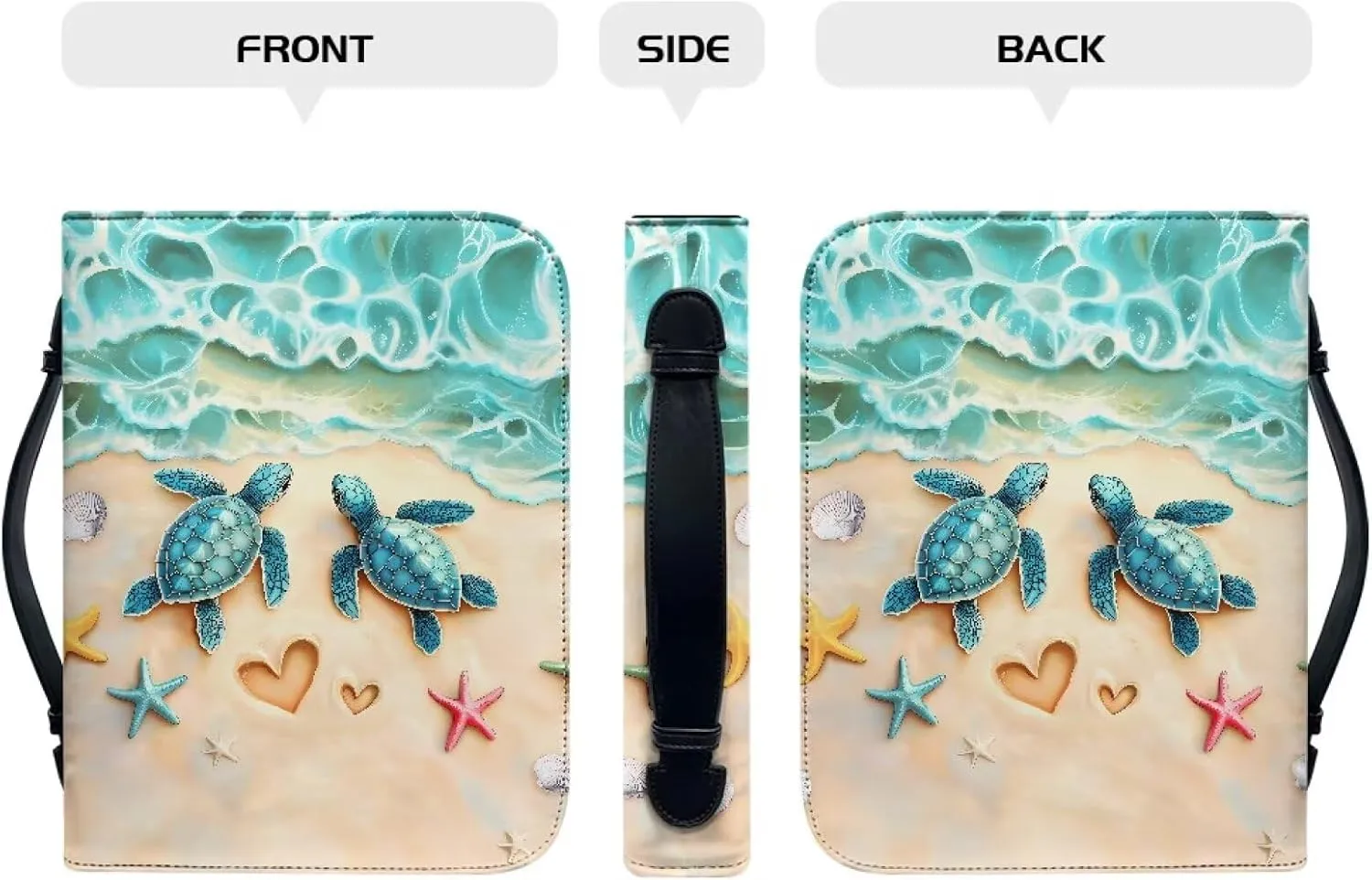 Suobstales Beach Turtle Starfish Seashell Print Bible Cover for Women Men PU Leather Makeup Organizer Expand Brief Case Journal Case Christian Purses Handbags, XL