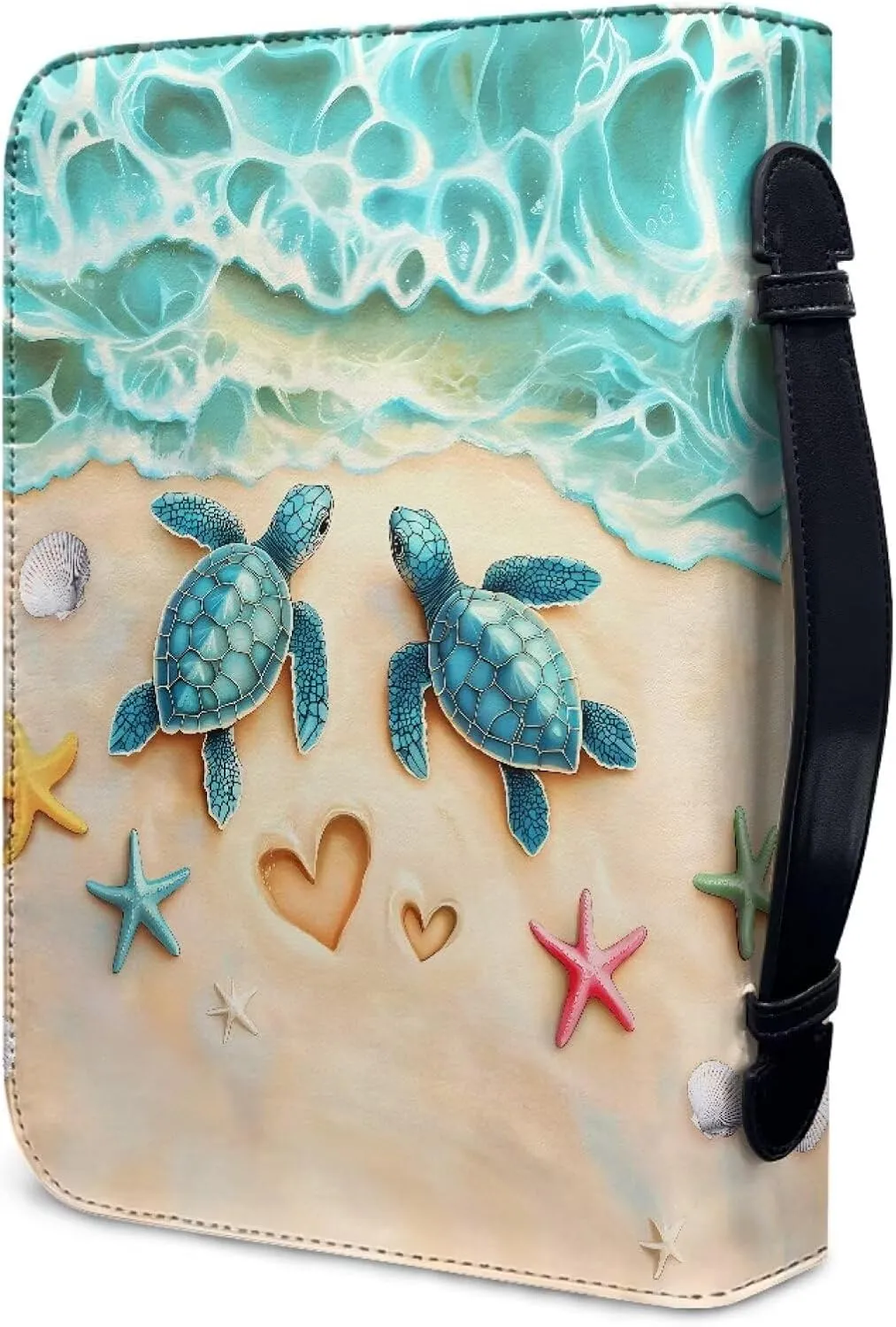 Suobstales Beach Turtle Starfish Seashell Print Bible Cover for Women Men PU Leather Makeup Organizer Expand Brief Case Journal Case Christian Purses Handbags, XL