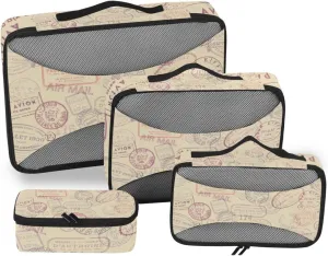 susiyo 4 Pcs Packing Cubes for Travel Vintage Stamps Postage Pattern Suitcase Storage Bag Clothing Sorting Organizers