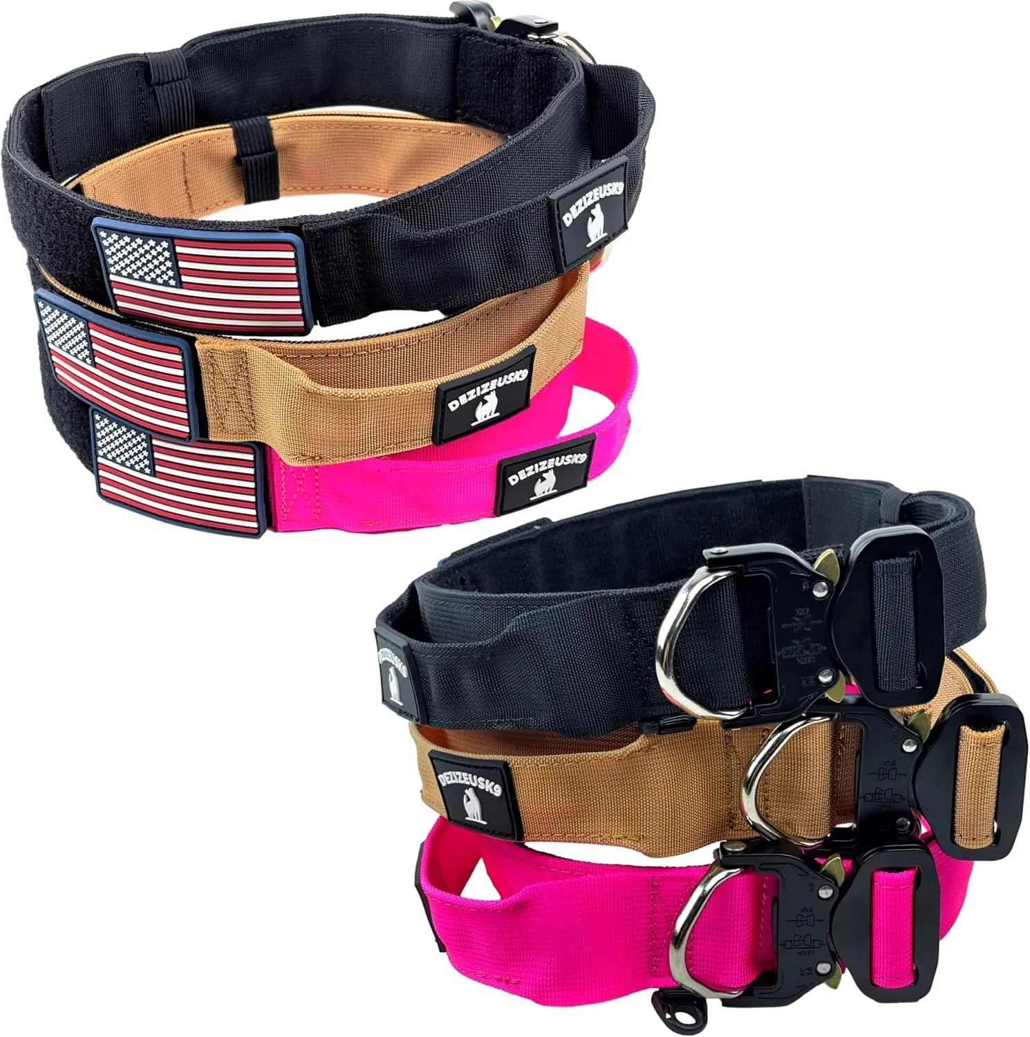 Tactical Dog Collar with Handle - 1.5 Inch Thick Heavy Duty Nylon, Military Style Metal Quick Release Buckle & Integrated D-Ring, for Medium & Large Dogs – Includes USA Flag On Customizable Name Plate